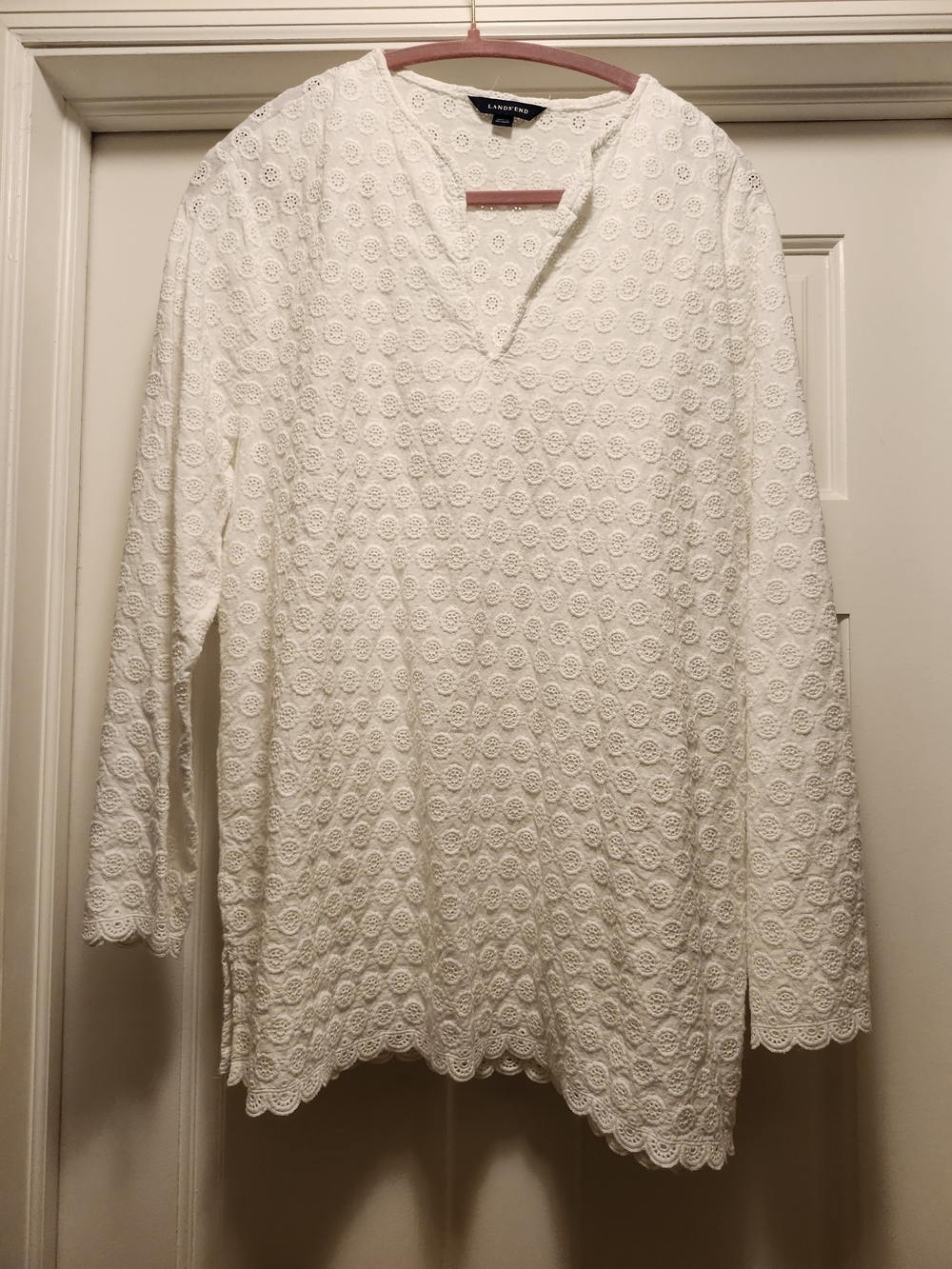 Lands' End White Eyelet Long Sleeve Shirt